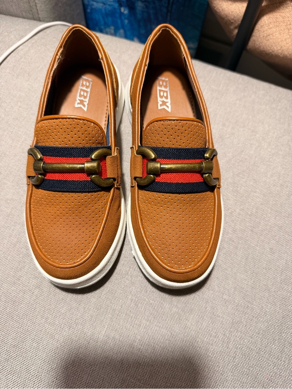 Kids Tan Moccasin Slip-On with Navy & Red Webbing